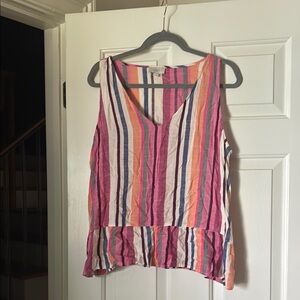 LOFT Pink and Black Asymmetrical Ruffled Tank Top